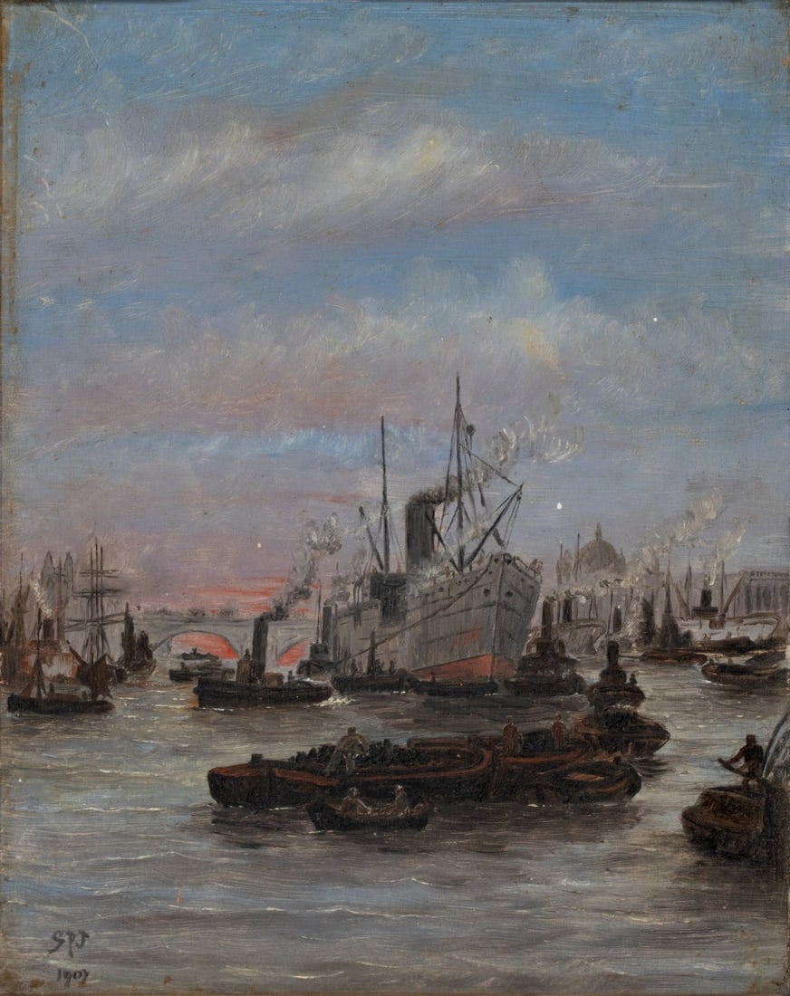 A 1907 THAMES RIVER SCENE OIL PAINTING SIGNED S.P.J. (1 of 12)