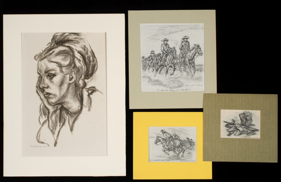 CHARLES BANKS WILSON (1918-2013) ORIGINAL ILLUSTRATIONS: Charles Banks Wilson (Oklahoma, 1918-2013) 1. Untitled portrait of a woman (1968). Charcoal on artist's board, signed and dated lower left. Board measures 22 X 15.75 inches. 2. For the Book 'Geronimo'