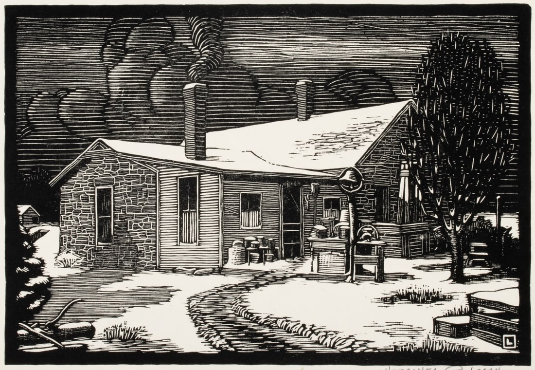 HERSCHEL LOGAN (1901-1987) PENCIL SIGNED WOODCUT: Herschel C. Logan (Kansas, 1901-1987) Old Homestead 1963 The fine, dark impression is from an edition that was printed especially for the Rotary Club of Winfield, Kansas. A related folio is included.