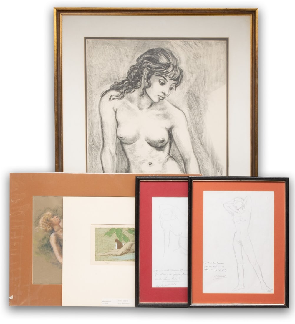 FIVE WORKS ON PAPER BY LISTED ARTISTS: 1. Louis Boselli (Italian, 1936-2019) Nude 2 (Circa 1980), graphite sketch. dedication reads 'To Mr. & Mme. Merriam for remember [sic] and with all my sympathy. L. Bosell.' Image measure 12.5 x 5.5, f