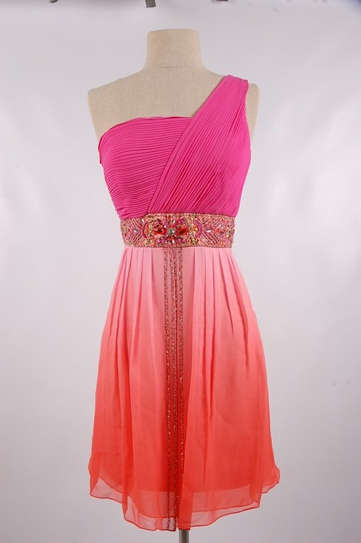 SUE WONG CORAL-OMBRE CHIIFON DRESS, SZ 14: One shoulder style with a magenta chiffon bodice and rhinestone and beaded waist with beads continuing down a split front overskirt in a pink to coral gradient, 100 percent silk with polyester lining,