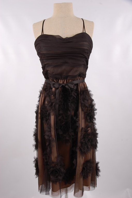 ROBERT RODRIGUEZ BLACK TOILE DRESS, SIZE 12: Strapless dress in black toile over a taupe underdress with black toile and beaded flowers on the skirt, 100% polyester, ribbon tie belt, side zip. Measures 27 inches from the waist. New, never worn.