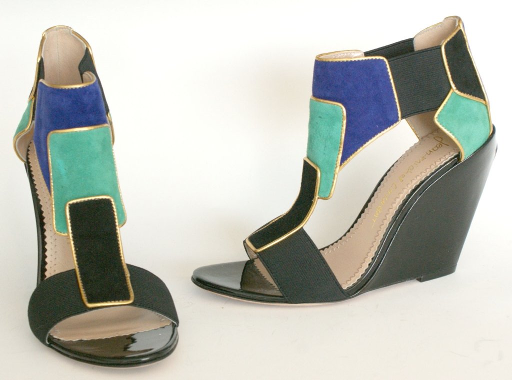 JEAN-MICHEL CAZABAT PETRA WEDGE SANDALS, SZ 7: Patent leather wedge with color-block design in suede, metallic leather, and patent leather, elastic sides, leather lining and sole, padded insole. Size 7 M (37.5 M) with heel height of 3.75 inches. N