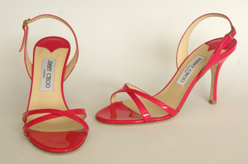 JIMMY CHOO FUCHSA SLING BACK SANDAL, SZ 7.5: Fuchsia patent leather strappy sling-back. Original box and dust bag. Size 7.5 (38) with heel height of 3.25 inches. New, never worn.