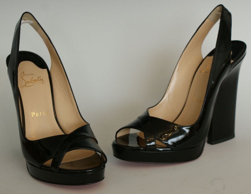 LOUBOUTIN BLACK NEW MARPOIL SANDAL, SZ 7.5: Christian Louboutin New Marpoil 120 patent calf in black, slingback sandal. Original box and dust bag Size 7.5 (38) with heel height of 4.75 inches and platform size of .75 of an inch. New, never worn