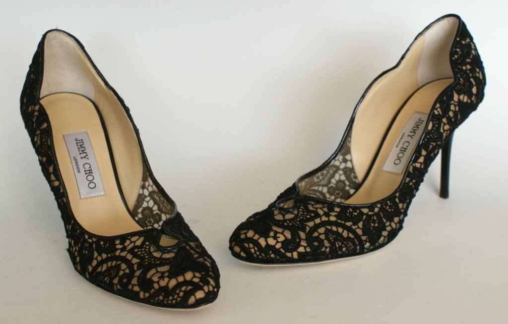 JIMMY CHOO BLACK LACE PUMP w SCALLOP, SZ 7.5: Black lace with nude background and scalloped edge. Original box and dust bag. Size 7.5 (38) with heel height of 3.25 inches. New, never worn.