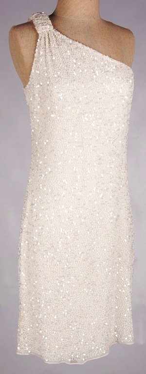 AIDEN MATTOX WHITE DRESS w HEAVY BEADING, SZ 8: One shoulder style dress in white with heavy hand-applied beads and sequins all-over, side zip, 100% silk with polyester lining. Measures 24 inches from a high waist. One 2 inch area of lost beadwork 