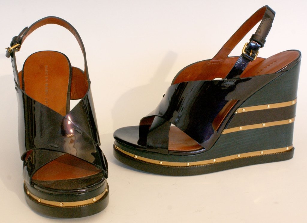 MARC JACOBS PLATFORM WEDGE SANDALS, SIZE 7: Marc by Marc Jacobs platform wedge #615997, dark teal and black wedge with patent upper, buckle ankle strap. Size 7 (37.5) with heel height of 4.5 inches and platform size of 1 inch. New, never worn.