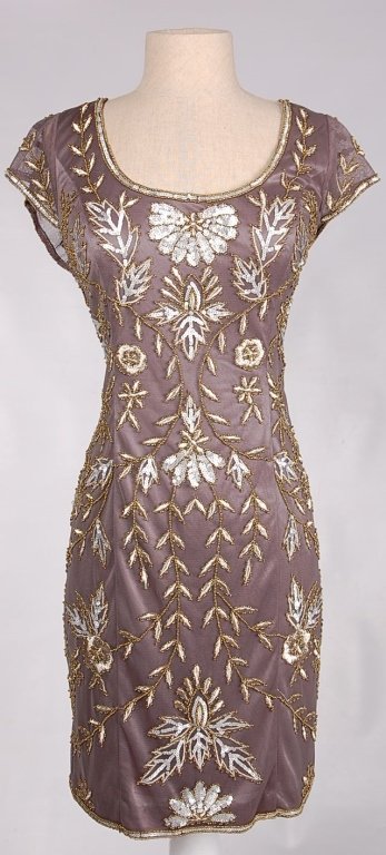 SUE WONG CHARCOAL DRESS w BEADED EMBROIDERY, SZ 14: Dark grey dress with heavy gold beading and silver sequins, side zip, square back, 100% nylon over polyester lining. Measures 23 inches from the waist. New, never worn.