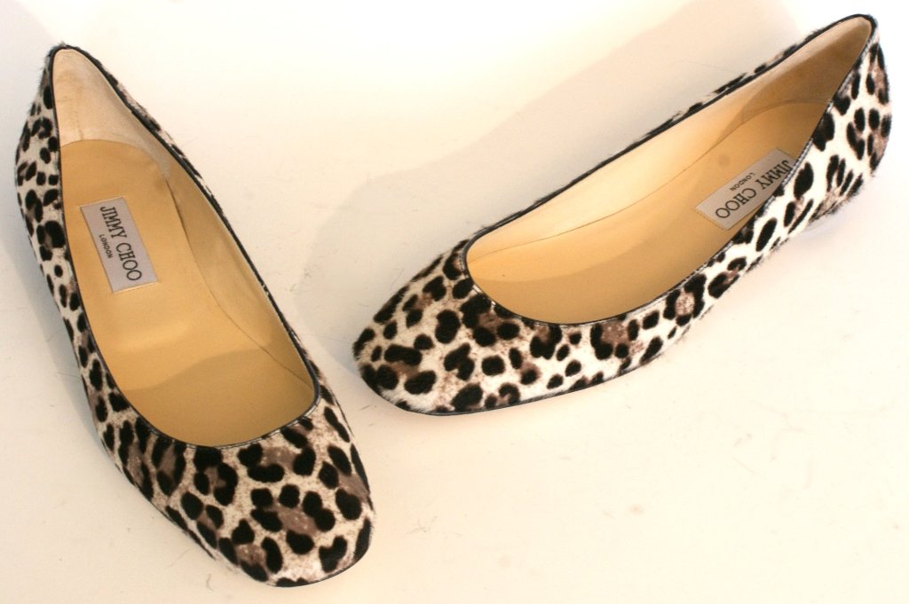 JIMMY CHOO PRINTED PONY BALLET FLATS, SZ 7.5: Pony hair' leather upper and sole, leopard print, includes the original box and dust bag. Size 7.5 (38) New, never worn.