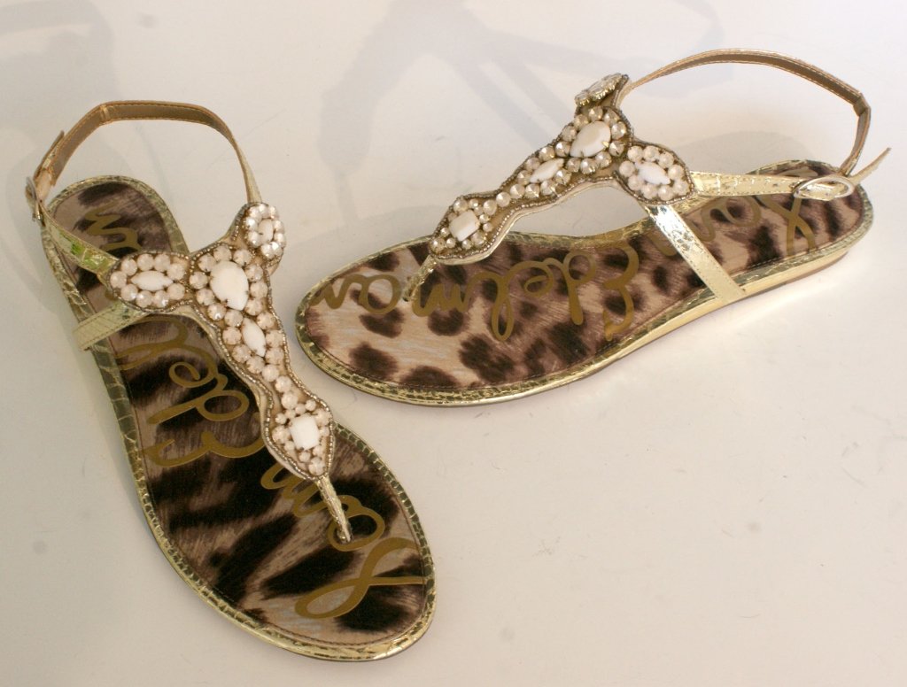 SAM EDELMAN ROSS GOLD SANDALS, SZ 7.5: Jeweled t-bar top with buckled strap, narrow width, original box. Size 7.5 M with heel height of.5 inch. New, never worn.