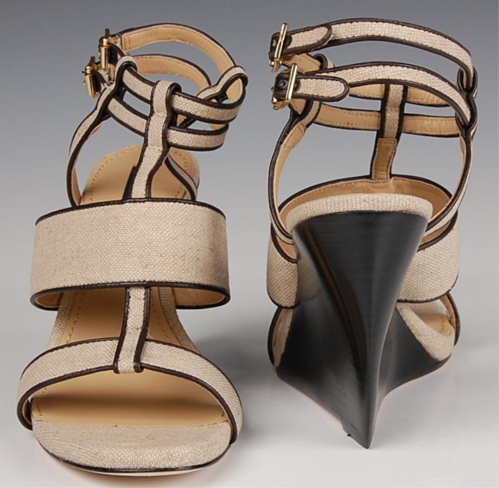 RACHEL ZOE DEBRA LINEN WEDGE SANDAL, SZ 8.5: Solid wedge heel, ivory linen straps lined with black leather, two thin ankle straps buckle on side, padded leather insole, original box. Size 8.5 with heel height of 3.5 inches New, never worn.