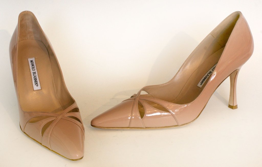 MANOLO BLAHNIK BUTTERFLY PATENT PUMPS, SZ 8.5: Buff patent leather uppers with cross cutout peep toes, all leather, original box. Size 8.5 (39) with heel height of 3.5 inches. New, never worn.