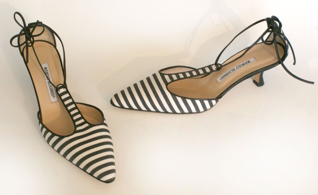MANOLO BLAHNIK STRIPED CANVAS PUMP, SZ 7.5: Kitten heel, leather ankle ties, full back, leather sole, no box. Size 7.5 (38) with a heel height of 2 inches. New, never worn.