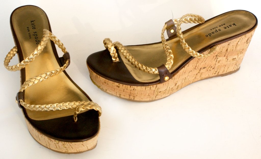 KATE SPADE CORK WEDGE SANDALS, SZ 7: Gold braid straps, cork wedge heel with gold accents, no box. Size 7 with heel height of 3 inches and a platform size of 1 1/4 inches. New, never worn.