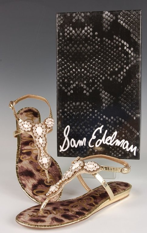 SAM EDELMAN ROSS GOLD SANDALS, SZ 7.5: Jeweled t-bar top with buckled strap, narrow width, original box. Size 7.5 M with heel height of.5 inch. New, never worn.