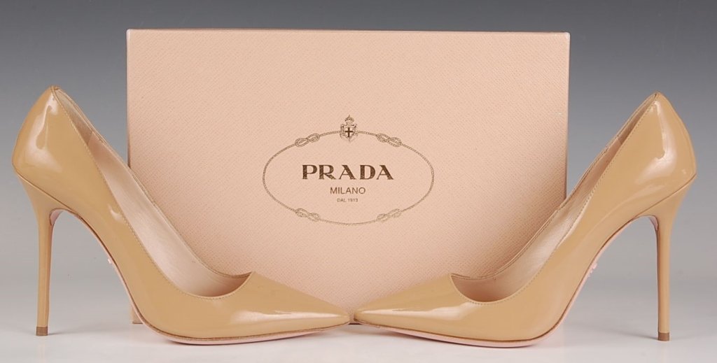 PRADA PATENT PUMPS, SZ 7.5: All leather stiletto heels in patent 'Sabbia' (buff) color, original box and dust bag. Size 7.5 (38) with heel height of 4 1/4 inches. New, never worn.