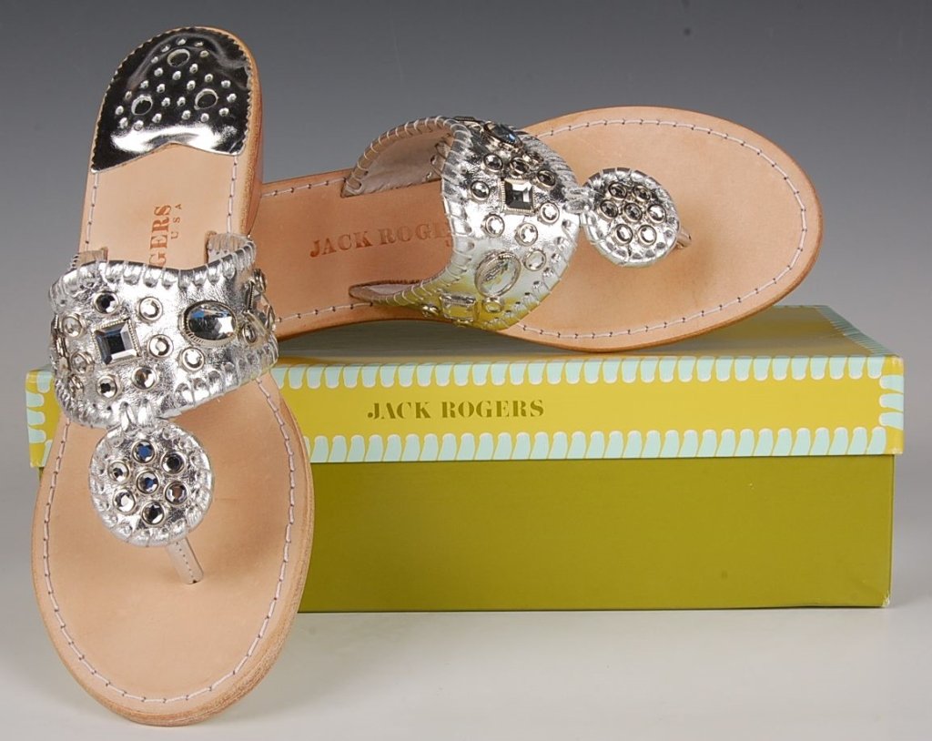 JACK ROGERS ZSA ZSA JEWEL WEDGE SANDALS, SZ 9: Wedge thong sandals in silver with rhinestones, all leather, original box. Size 9 (40) with heel height of 1 7/8 inches. New, never worn.