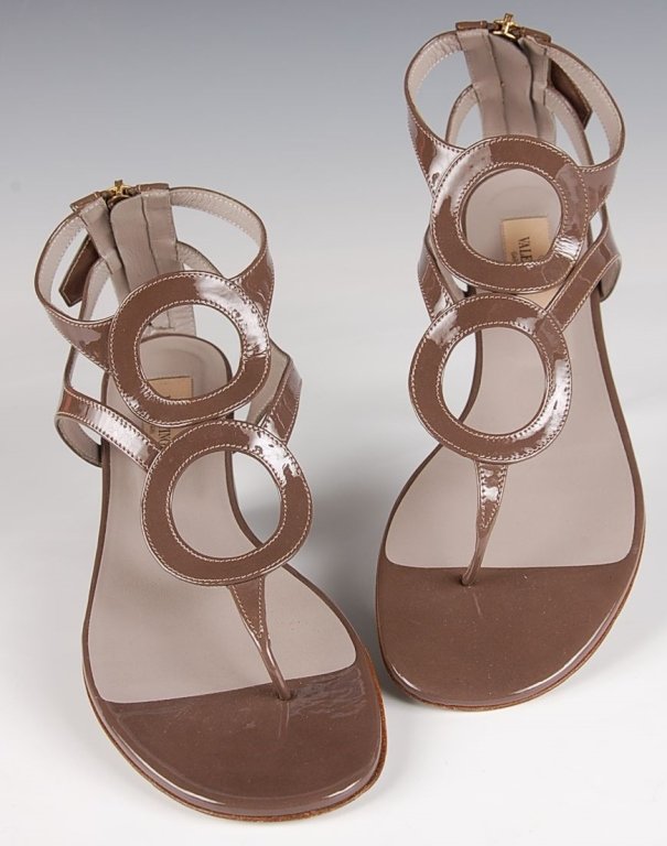 VALENTINO TAUPE PATENT LEATHER SANDALS, SZ 7: Taupe patent leather sandals with back zipper, all leather, no box. Size 7 (37.5) Used, lightly worn with some scuffs to the sole.