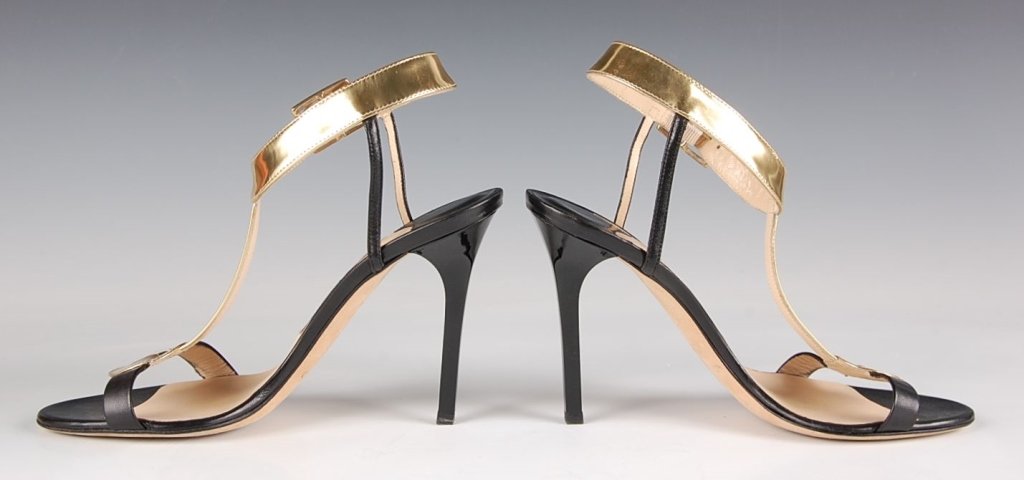 JIMMY CHOO BLACK & GOLD SANDALS, SZ 7.5: Strappy shiny gold and black sandals with ankle band and buckles, all leather, no box. Size 7.5 (38) with heel height of 3.75 inches. Preowned, lightly worn with some scuffs to the sole.