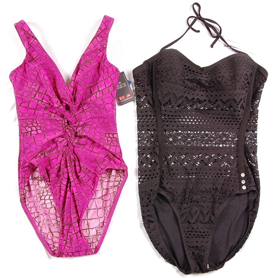 TWO ONE-PIECE SWIMSUITS, PICCONE & COLLETTO, SZ 12: Robin Piccone one-piece swimsuit with black overlay crochet, ties behind neck, padded cups with side boning, polyester/spandex, size 12. Plus a Karla Colletto banded lace-up swimsuit in purple and bla