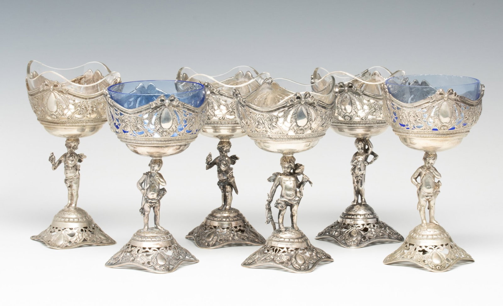 SIX 19TH CENT .800 SILVER ICE CUPS WITH CHERUB SUPPORT (1 of 8)