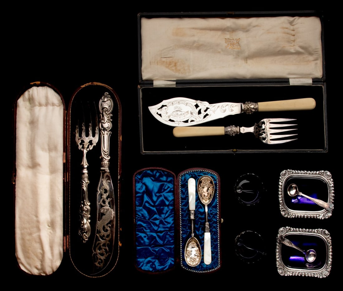 OLD SHEFFIELD PLATE AND STERLING SILVER TABLE ARTICLES (1 of 15)