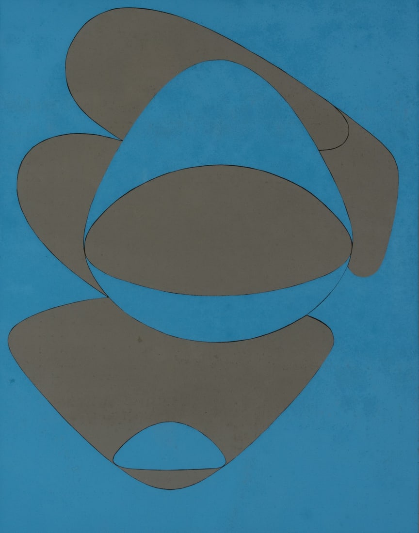 VICTOR VASARELY (1906-1997) OIL ON PAPER, GALERIE RENE': Victor Vasarely (1906-1997) Mar Caribe Circa 1950 The original hard edge oil on paper is executed in shapes of blue and gray over a dark foundation that was left exposed between color fields, creating