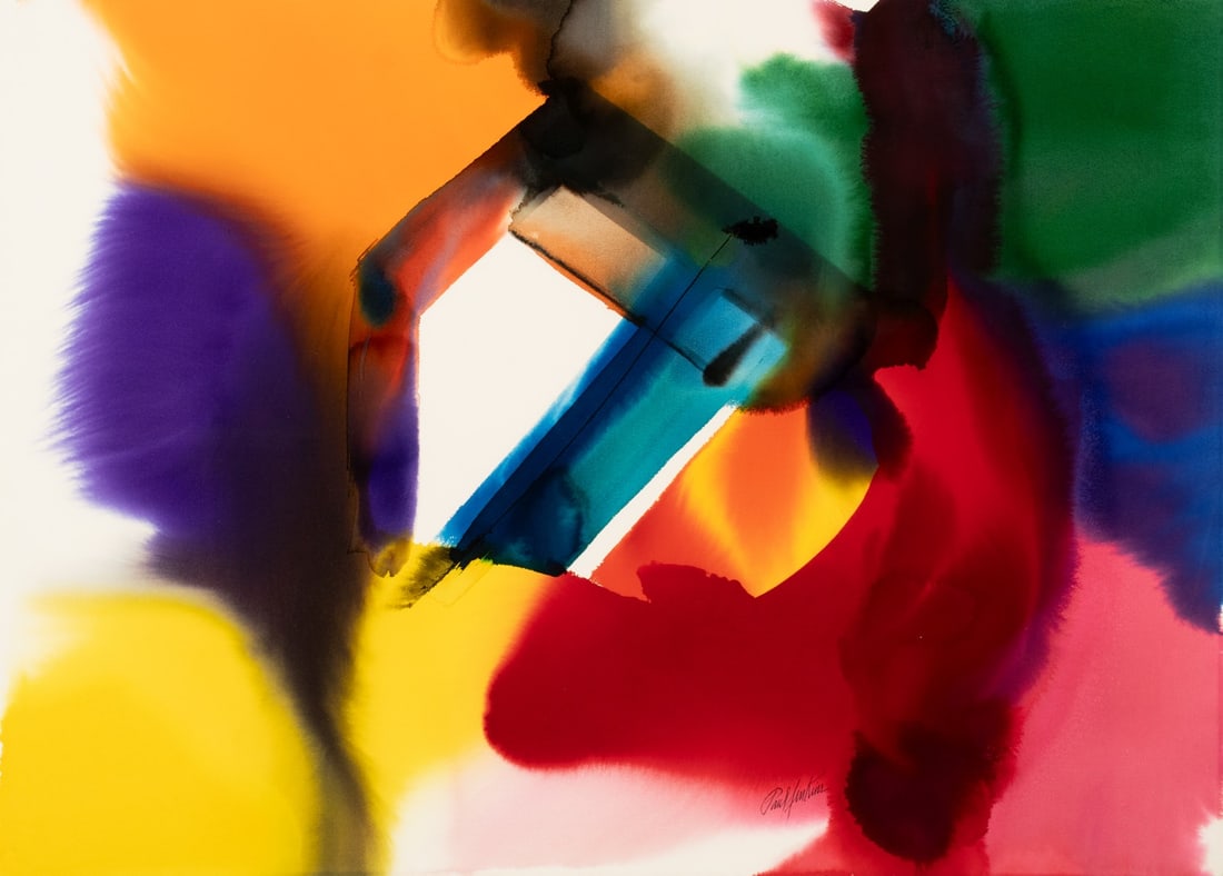 PAUL JENKINS (1923-2012) LARGE WATERCOLOR ON PAPER: Paul Jenkins Phenomena Window 1987 The striking, prismatic composition with central passageway or Window, as the title states, is signed in black lower right front; signed again verso near the date, a