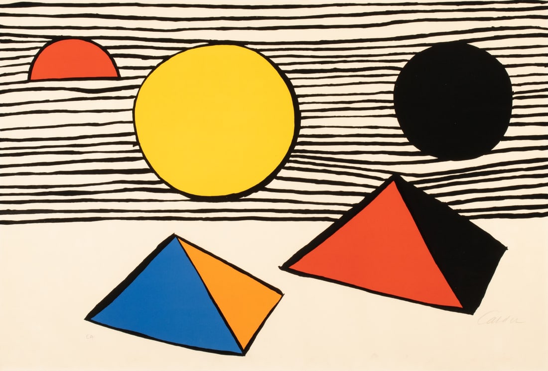ALEXANDER CALDER (1898-1976) SIGNED ARTIST'S PROOF: Alexander Calder (1898-1976) Two Half Disks / Pyramids and Sun 1971 The lithograph in colors is marked 'E.A.' designating this as an artist's proof aside from the primary edition of 95 and signed by t