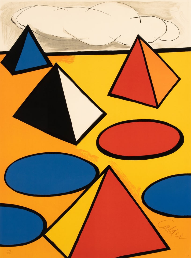ALEXANDER CALDER (1898-1976) PENCIL SIGNED LITHOGRAPH: Alexander Calder (1898-1976) Composition with Pyramids, Circles and Clouds 1975 The lithograph in colors, numbered 105 from an edition of 150 prints, is signed by the artist in pencil below the image