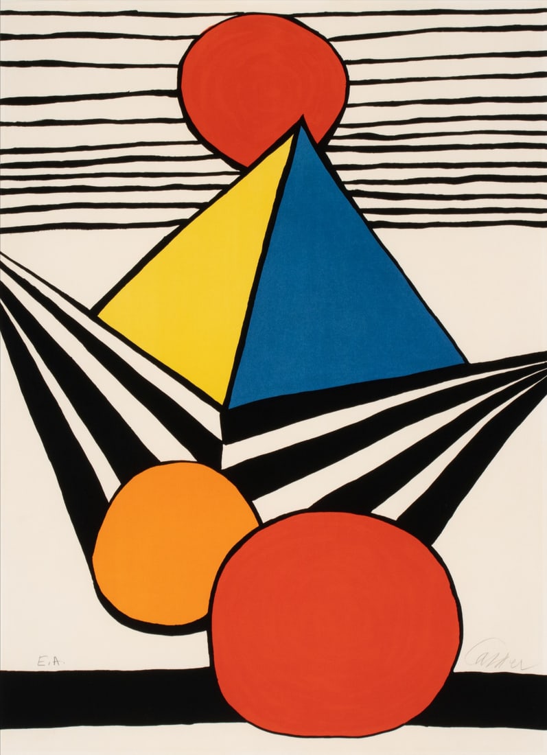 ALEXANDER CALDER (1898-1976) PENCIL SIGNED LITHOGRAPH: Alexander Calder (1898-1976) Pyramid and Red Sun (from La Memoire elementaire) Circa 1975 The lithograph in colors, an artist's proof edition aside from a smaller printing aside from the main edition