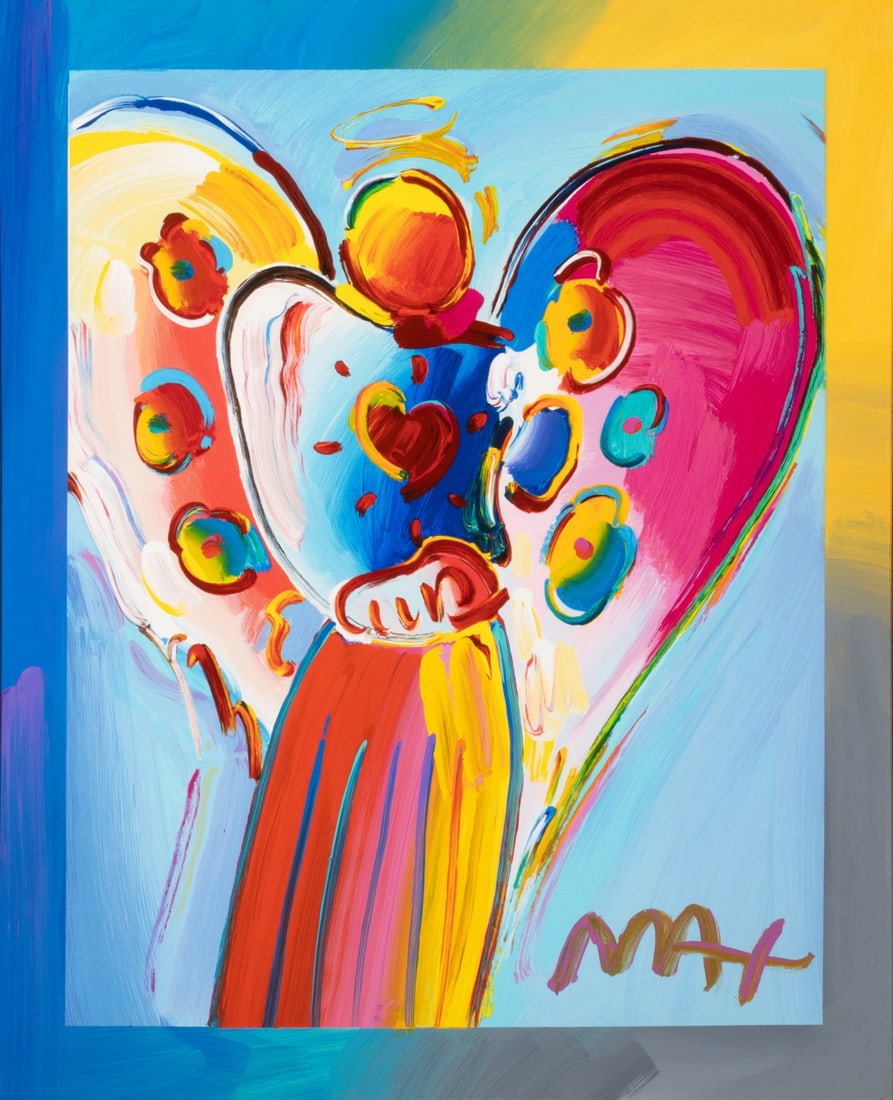 PETER MAX (BORN 1937) SCREENPRINT WITH ACRYLIC: Peter Max (Born 1937) Angel with Heart Circa 1995 The color silkscreen with acrylic enhancements is signed by hand lower right. Sight size measures 26 x 22 with a framed size of 37 x 32 inches. Proven