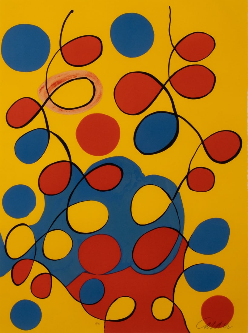 ALEXANDER CALDER (1898-1976) PENCIL SIGNED LITHOGRAPH: Alexander Calder (1898-1976) Circles with Yellow Background Last quarter 20th Century. The lithograph in colors, numbered 19 from an edition of only 90 prints, is signed by the artist in pencil within
