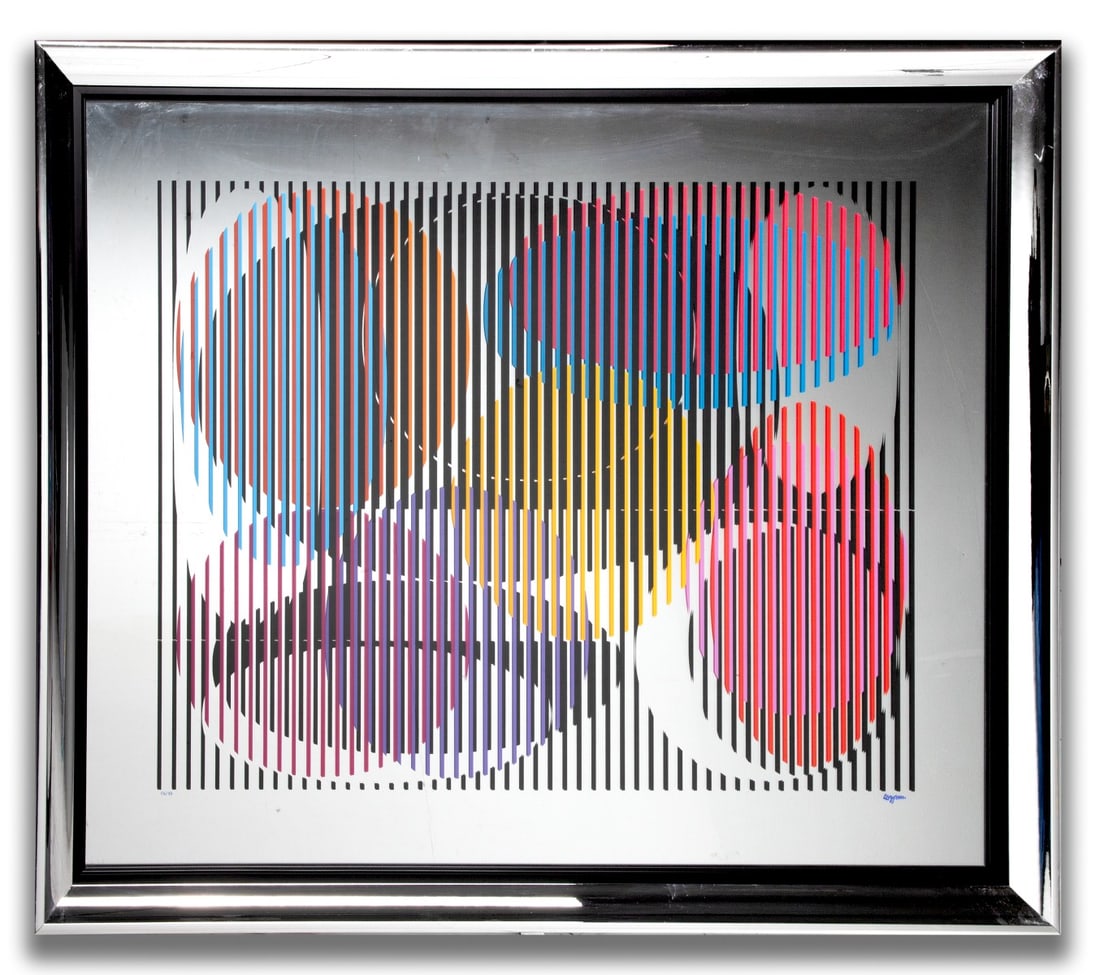 YAACOV AGAM (Born 1928) SIGNED SERIGRAPH ON MIRROR: Yaacov (Gibstein) Agam (Born 1928) Untitled (Cosmic Relationship) Circa 1979 The serigraph on mirror, numbered 86 from an edition of 99 multiples, is signed by the artist below the image lower right.