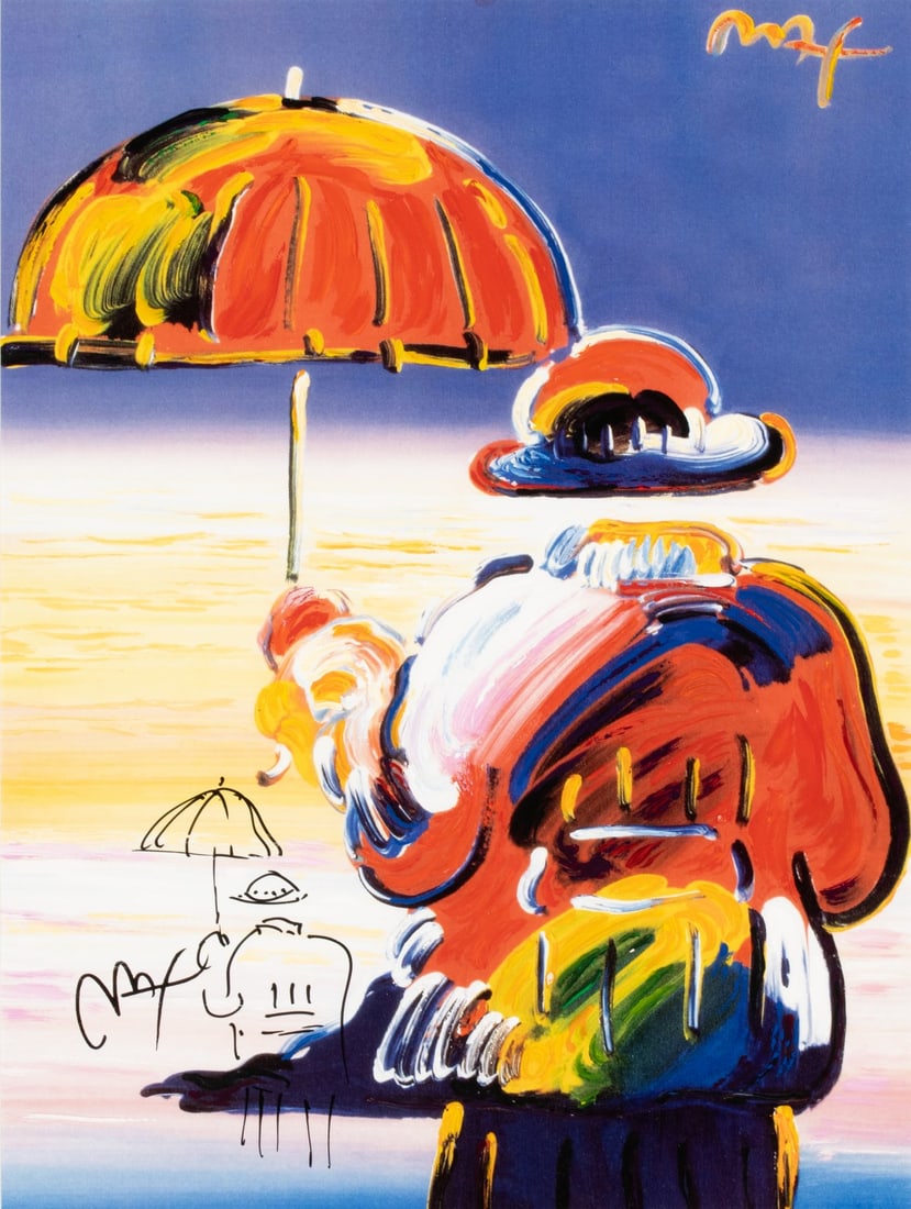 PETER MAX (BORN 1937) MIXED MEDIA WITH ORIGINAL SKETCH: Peter Max (Born 1937) Umbrella Man 2000 The lithograph in colors with hand applied acrylic enhancement by Peter Max is hand signed by the artist upper right. This very rare example is further enhanced
