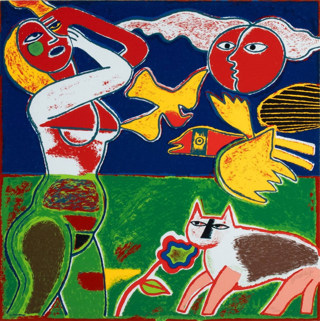 GUILLAUME CORNEILLE (1922-2010) PENCIL SIGNED PRINT: Guillaume Corneille (1922-2010) Image d'un ete 1990 The lithograph, or silkscreen, printed in colors on large format sheet is signed and dated lower right near the edition of inscription of 195/200. S