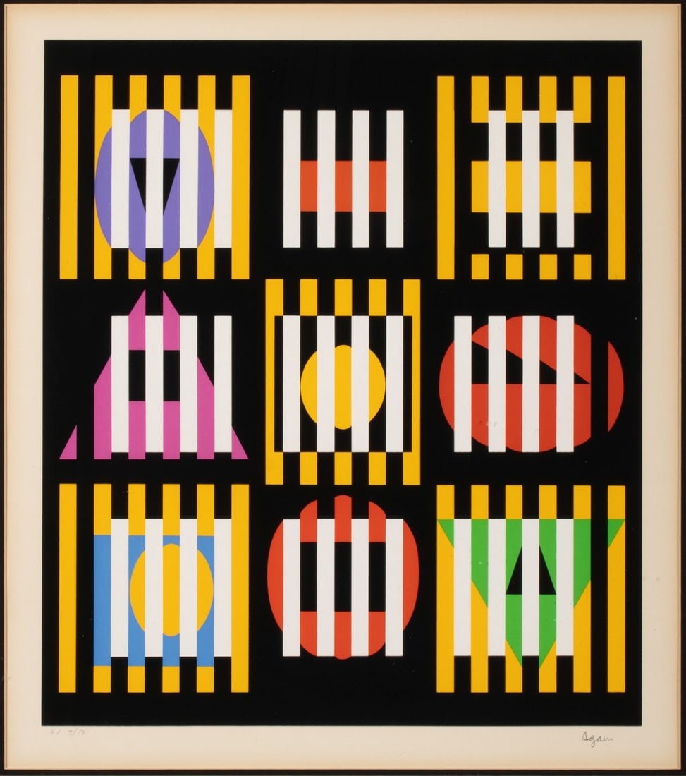 JAACOV AGAM (B. 1928) RARE HORS COMMERCE SERIGRAPH: Jaacov Agam (Born 1928) Vertical Midnight (a.k.a. Midnight Light) 1960 The Hors Commerce serigraph, numbered 7 from an edition of only 18 prints, is signed by the artist in pencil below the image lowe