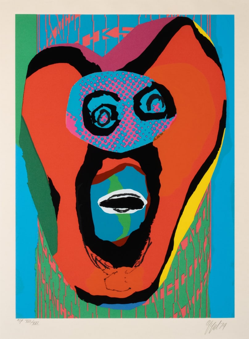 KAREL APPEL (1921-2006) PENCIL SIGNED ARTIST'S PROOF: Karel Appel (1921-2006) The Falling Face 1979 The lithograph in colors, numbered 13 from an edition of only 25 Artist's Proofs printed aside from the main edition, is signed by the artist in