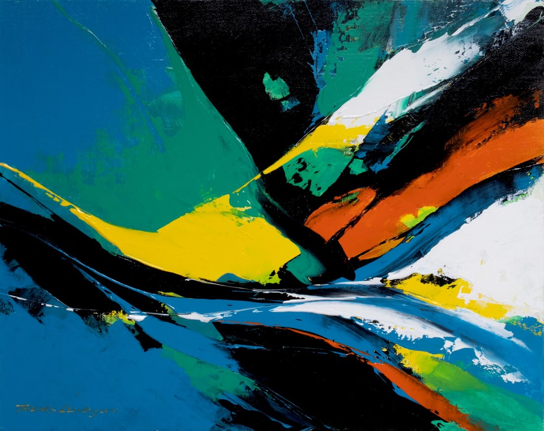 THOMAS LEUNG (BORN 1958) OIL ON CANVAS BOARD: Thomas Leung (Born 1958) 2015 Jump Signed and dated lower left, titled verso with a certificate. Board measures 15.75 x 19.75 with a framed size of 18.25 x 22.25 inches. Provenance: The Estate