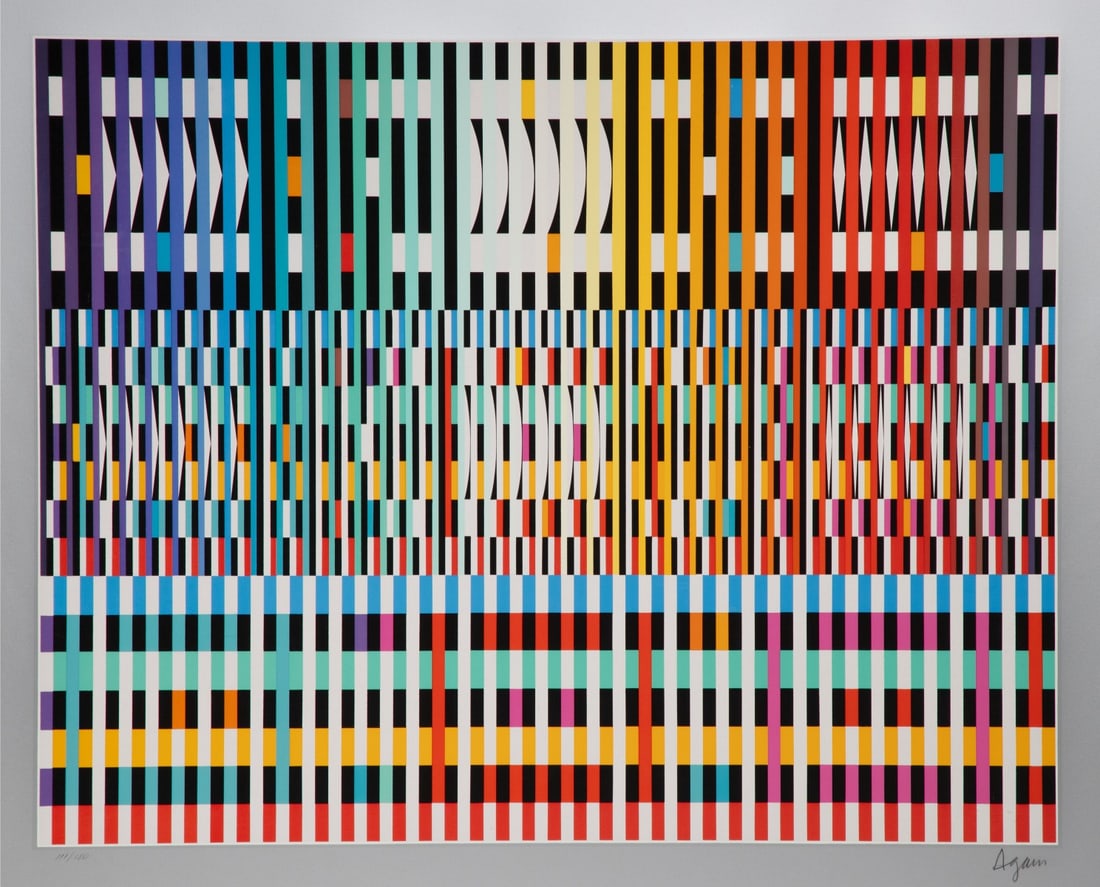 YAACOV AGAM (Born 1928) PENCIL SIGNED SERIGRAPH: Yaacov (Gibstein) Agam (Born 1928) Nations of the World The serigraph, numbered 111 from an edition of 180 prints, is signed by the artist in pencil below the image lower right. Image measures 21.5 x