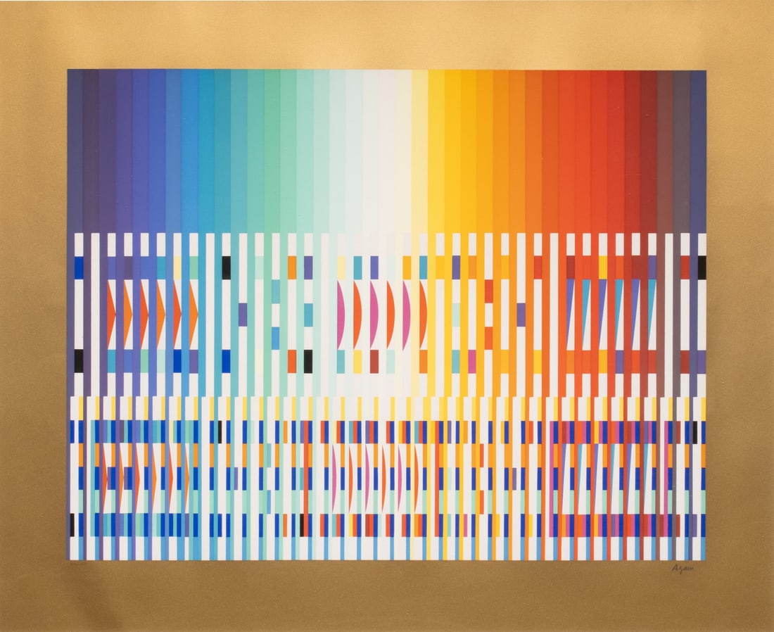 YAACOV AGAM (Born 1928) PENCIL SIGNED SERIGRAPH: Yaacov (Gibstein) Agam (Born 1928) Double Rainbow 1982 The serigraph, numbered 60 from an edition of 180 prints, is signed by the artist in pencil below the image lower right. Image measures 21 x 27.2