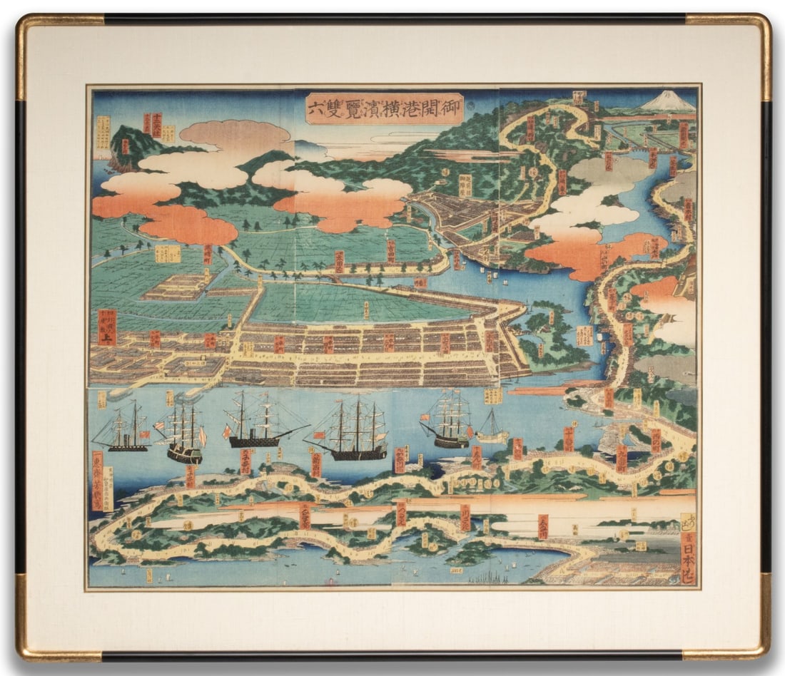 UTAGAWA SADAHIDE (1807-1873) 30X34 INCH WOODBLOCK PRINT: Utagawa Sadahide (1807-1873) View of Yokohama at the Time of the Opening of the Port Circa 1861. After more than two centuries of near total isolation from the rest of the world, Japan was transformed