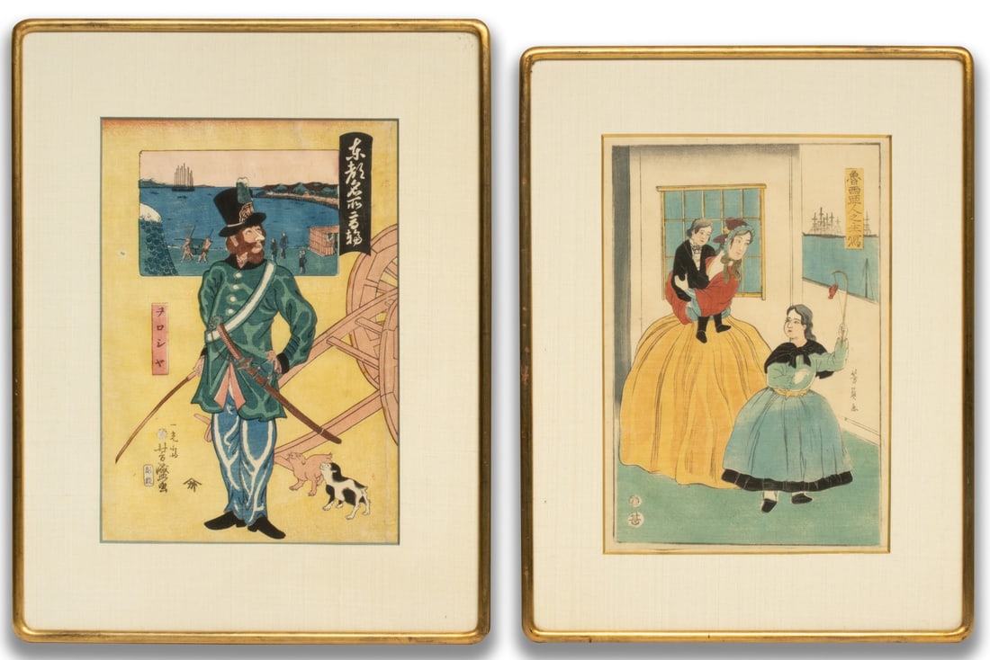 RARE JAPANESE WOODBLOCKS OF 1860s SCENES FROM YOKAHAMA: Circa 1860 After more than two centuries of near total isolation from the rest of the world, Japan was transformed when the port of Yokohama opened to foreign trade in 1859, bringing merchants from Ru