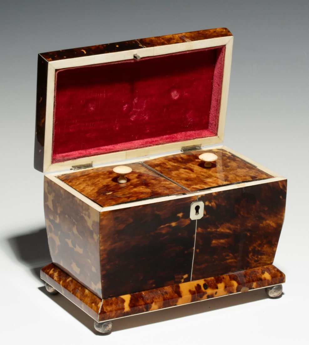 A FINE GEORGE III TORTOISE SHELL TEA CADDY WITH SILVER (1 of 8)