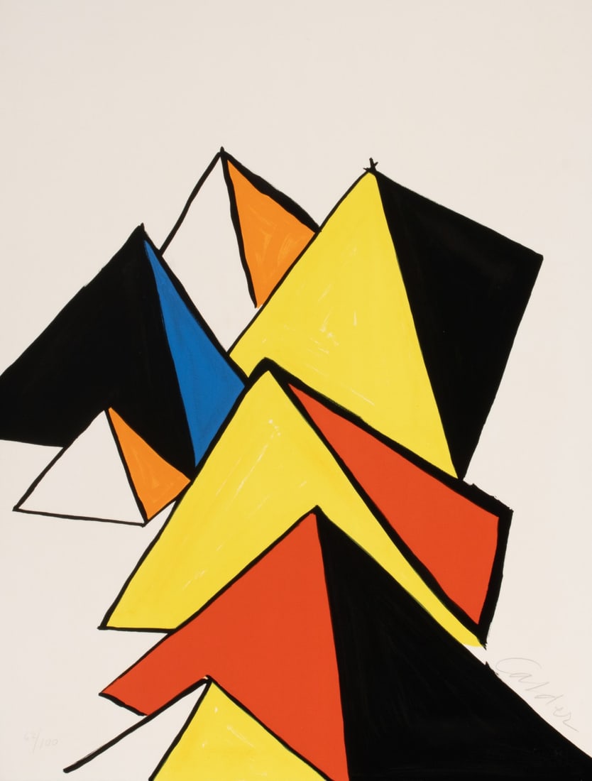 ALEXANDER CALDER (1898-1976) PENCIL SIGNED LITHOGRAPH: Alexander Calder (1898-1976) Pyramides Circa 1968 The lithograph in colors, numbered 62 from an edition of 100 prints, is signed by the artist in pencil within the image lower right and titled verso.