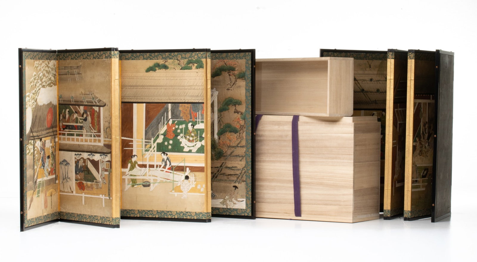 A PAIR 18C. JAPANESE SHOKUNIN ZUKUSHI SLEEPING SCREENS: Two companion screens, each with six panels painted in inks and colours on squared paper, most likely mulberry bark paper, with shokunin zukushi subjects, that is Illustrations of people of various oc