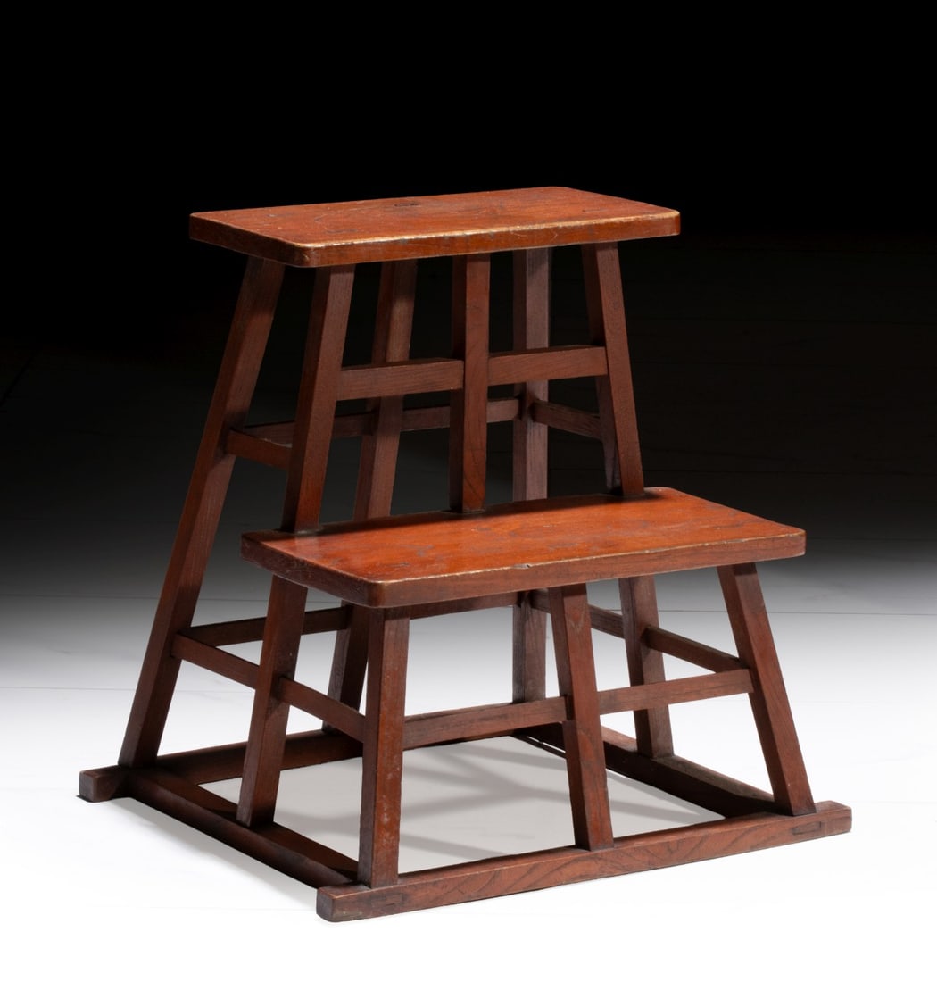 A JAPANESE MORTISE AND TENON TRELLIS FORM STEP STOOL (1 of 8)