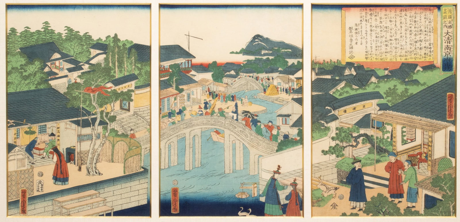 A JAPANESE WOODBLOCK TRIPTYCH VIEW IN CHINA CIRCA 1860 (1 of 15)