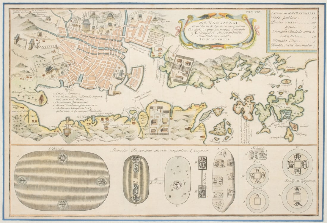 A 1727 MAP OF NAGASAKI WITH A CHART OF ITS CURRENCY: Engelbert Kaempfer (1651-1716), Published By Johann Caspar Scheuchzer Urbs NANGASAKI Cum Portu & Agro circumjacenti 1727 The hand colored copperplate map of Nagasaki details the fan-shaped island of D